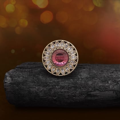 Radiant Pink Color Kundan Ring For Women-Ring_Size_Adjustable | Diameter Length: 3.00 CM x Width: 3.00 CM / Pink / Alloy With Good Quality Mehndi Gold Plated