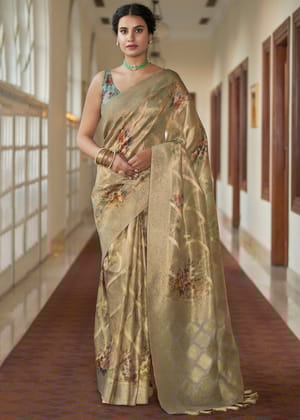 Golden Beige Woven Banarasi Tissue Organza Silk Saree With Digital Print