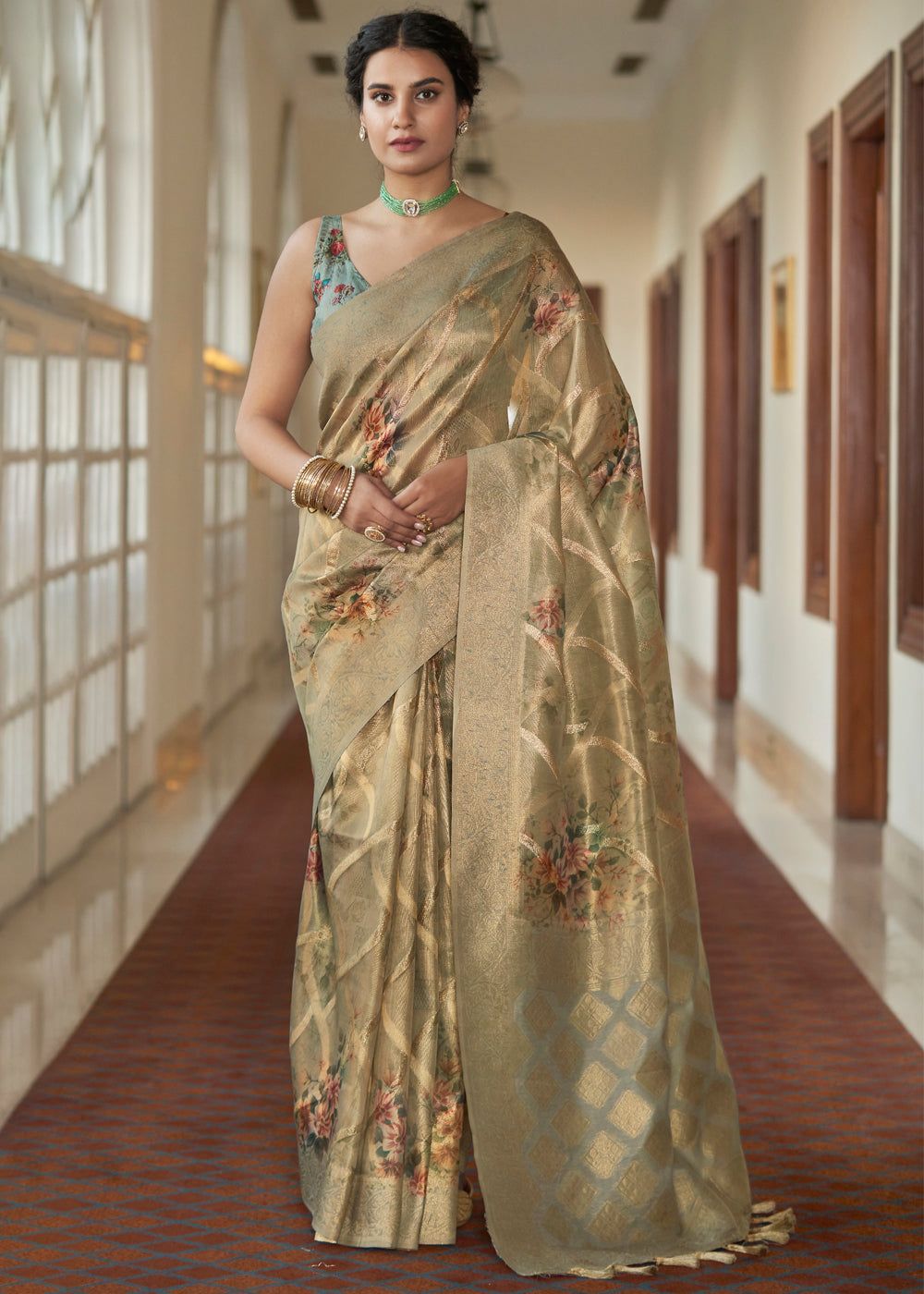 Golden Beige Woven Banarasi Tissue Organza Silk Saree With Digital Print