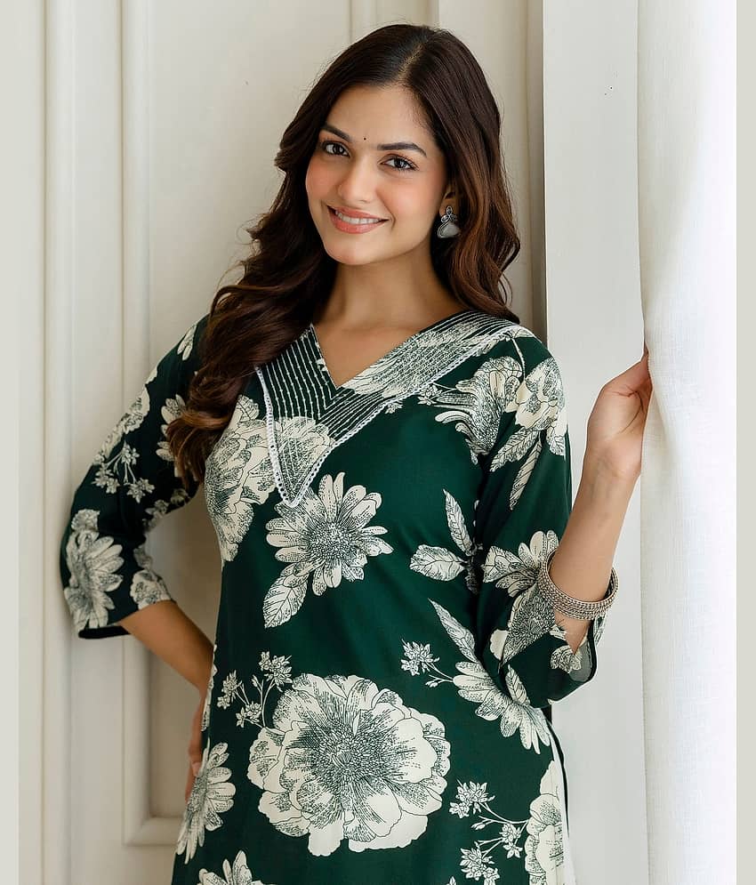 Kapadia Women Rayon Printed Straight Kurti ( Dark Green )
