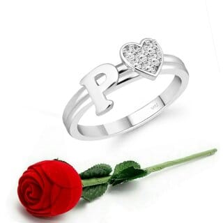 VFJ cz alloy Rhodium plated Valentine collection Initial"P"Letter with heart ring
