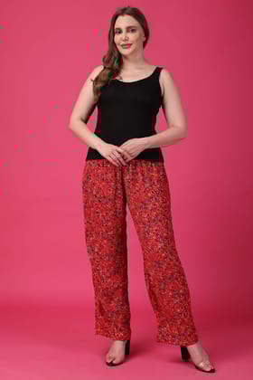 Red Floral Printed Pants-L / Red