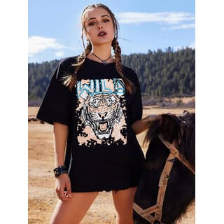 Leotude Black Printed Cotton Blend Round Neck Half Sleeve T-Shirts For Womens