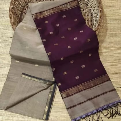 Glossy Pure Maheshwari Silk Handloom Saree Gray & Brown