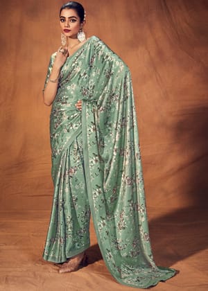 Basil Green Digital Printed Satin Silk Saree