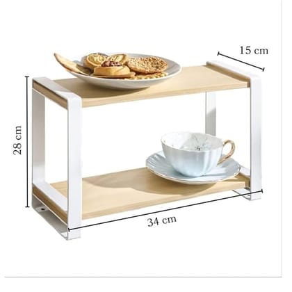 Decorlay Metal & Wooden Spice Rack Organizer Space Saver Counter-top Storage for Kitchen, Bathroom, Office, and Cosmetics (White + Beech, Two - Tier)_assorted colour