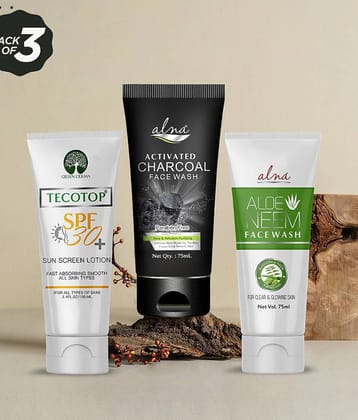 Alna Tecotop SPF 30+ 100ml with Charcoal Face Wash & Neem Face Wash 75ml Each , Pack of 3