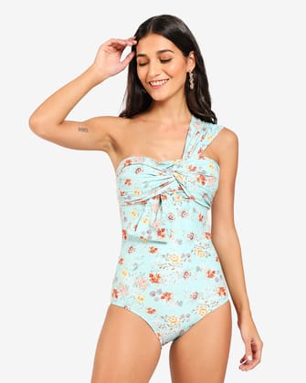 Floral Print One Shoulder Swim Suit-S