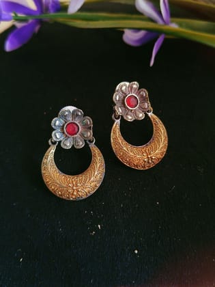 Dual Tone Silver Oxidized Moon & Flower Dangler Earrings – Elegant | Sarichka-Red