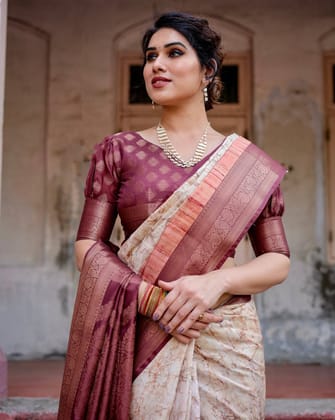 Marble-Print Banarasi Silk Saree in Deep Maroon with Zari Weaving and Tassels-Regular