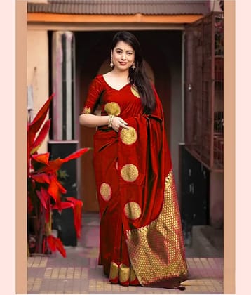 Gazal Fashions Silk Woven Banarasi saree With Unstitched Blouse Piece ( Red )