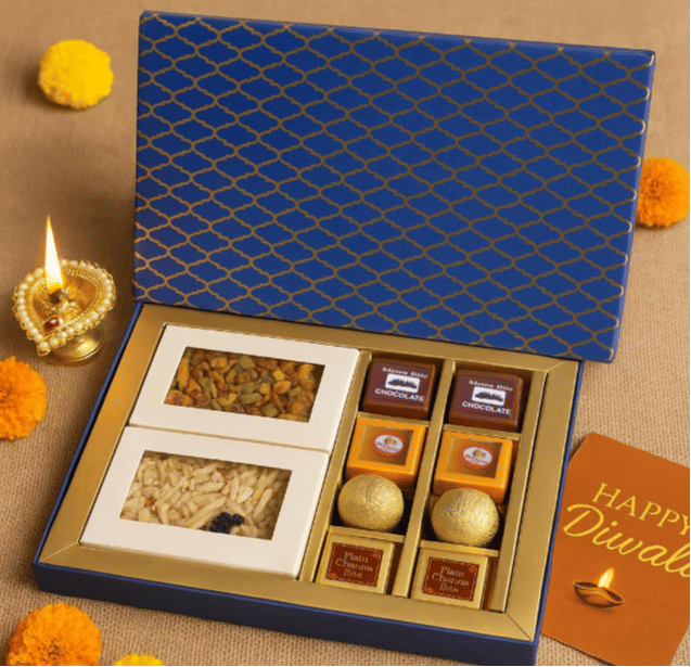 Ghasitaram's Diwali Gift Hamper Bites + Namkeen 400g, Card and Puja Thali