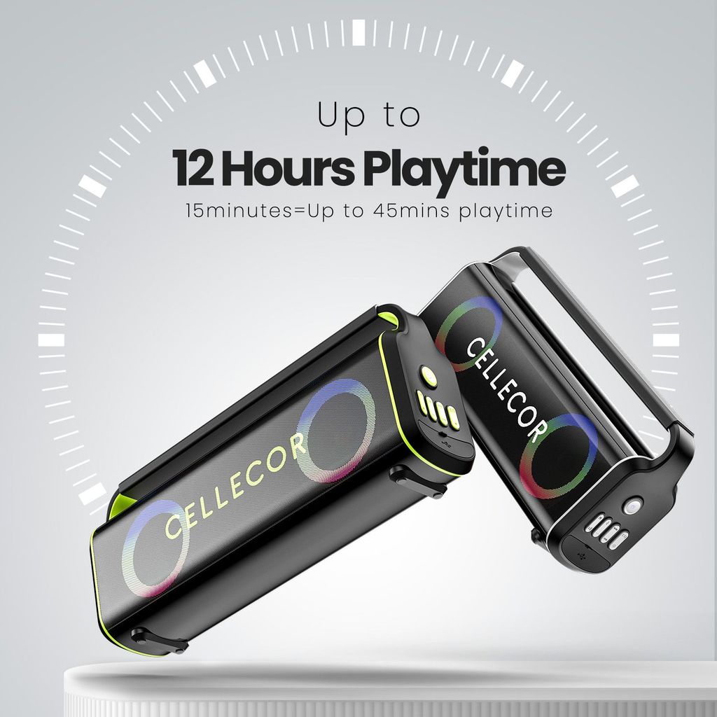CELLECOR CBS-04 Thunder 120W RMS Bluetooth Speaker with 10 Hours Playtime | TWS Mode | Multiple LED Light Modes | Eco Adjuster | Dual EQ Modes | Multiple Connectivity Wireless Portable (Black Neon)