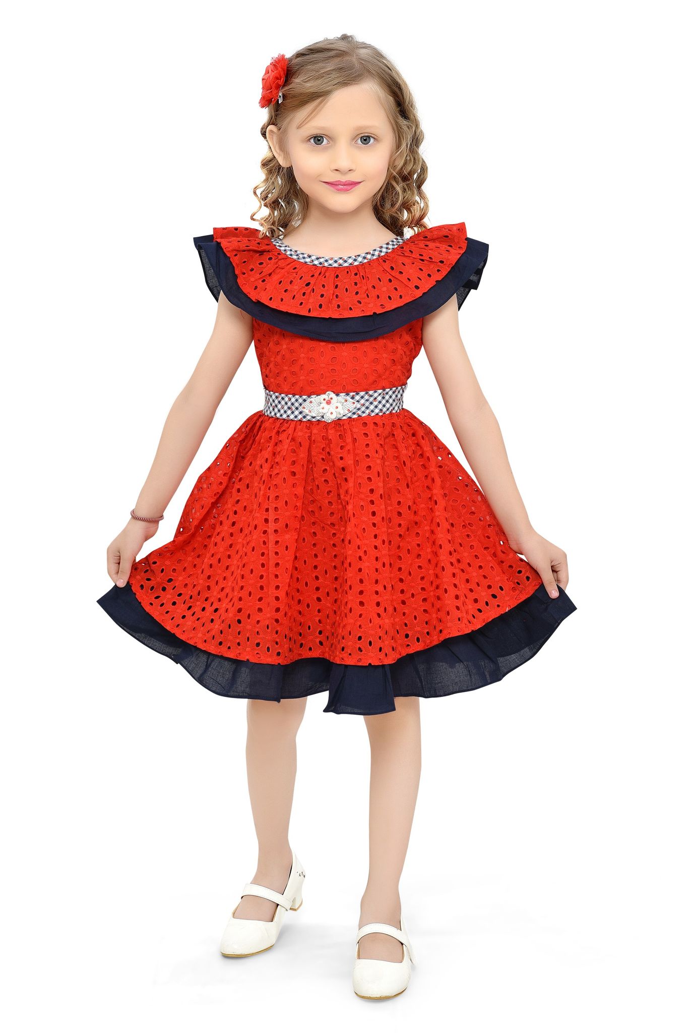 Be:Kids Enchanted Evening Red Polka-Dot Dress with Navy Accents and Rhinestone Belt