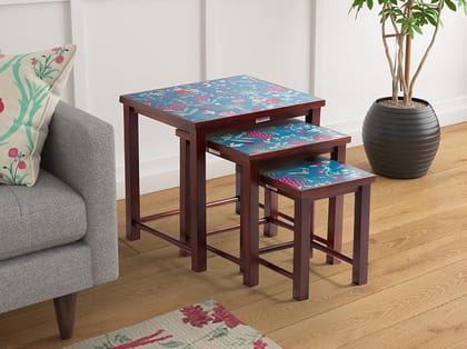 India Circus Teal Floral Galore Nesting Table - By Krsnaa Mehta