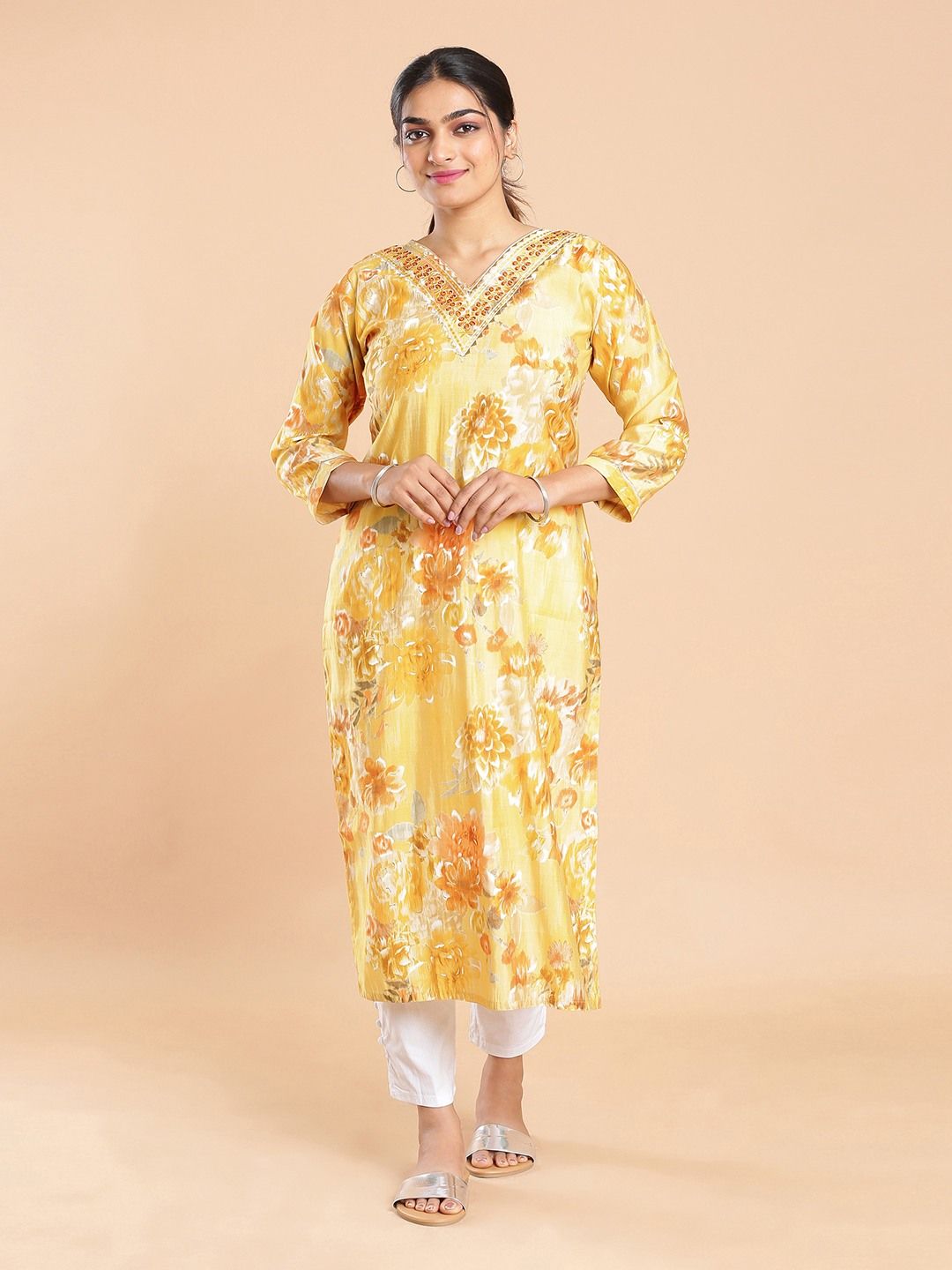 Kalyan Silks Orange & Yellow Shaded Floral Printed Yellow Kurti Top