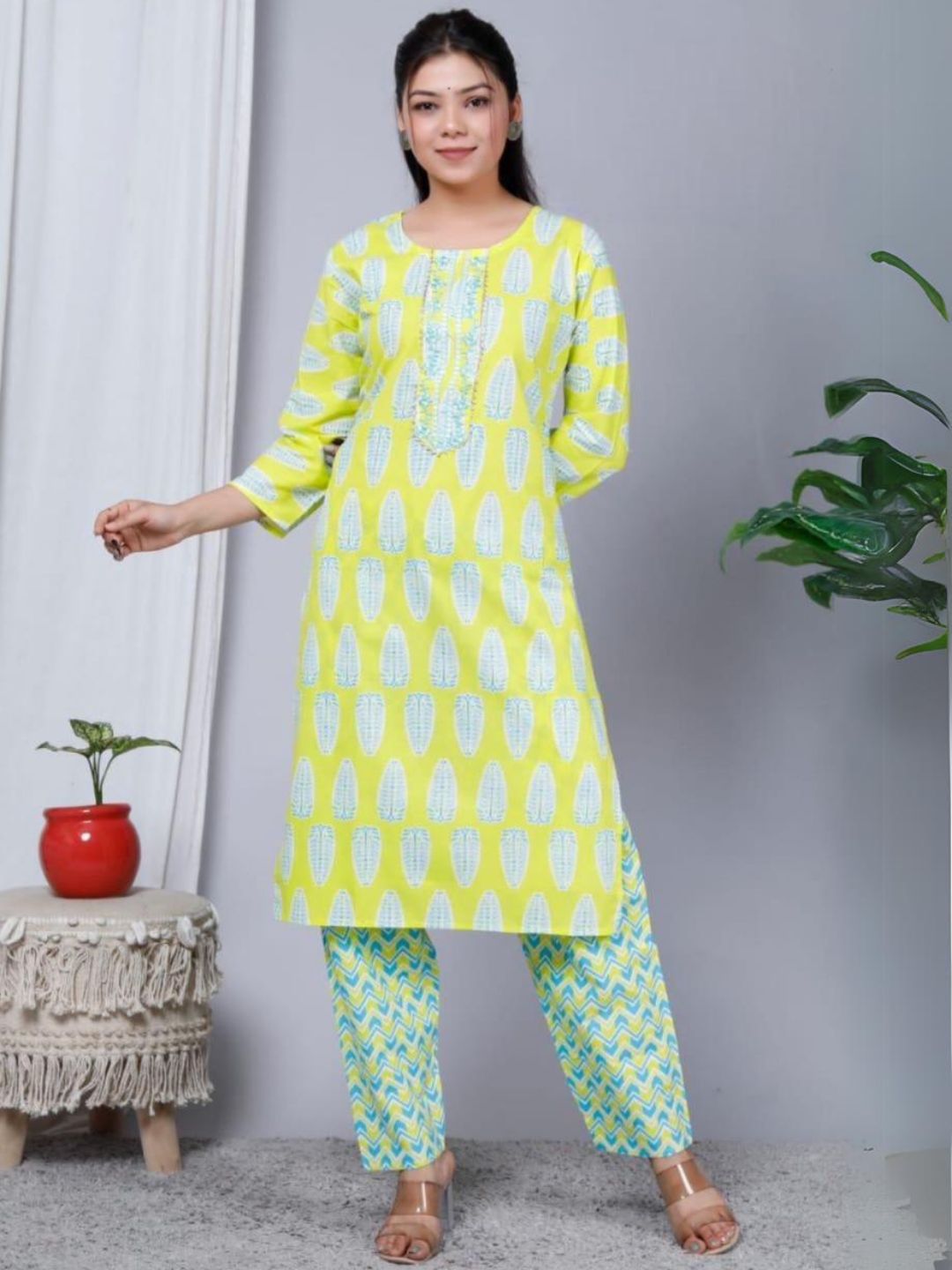 Yellow Printed Pant Set-36