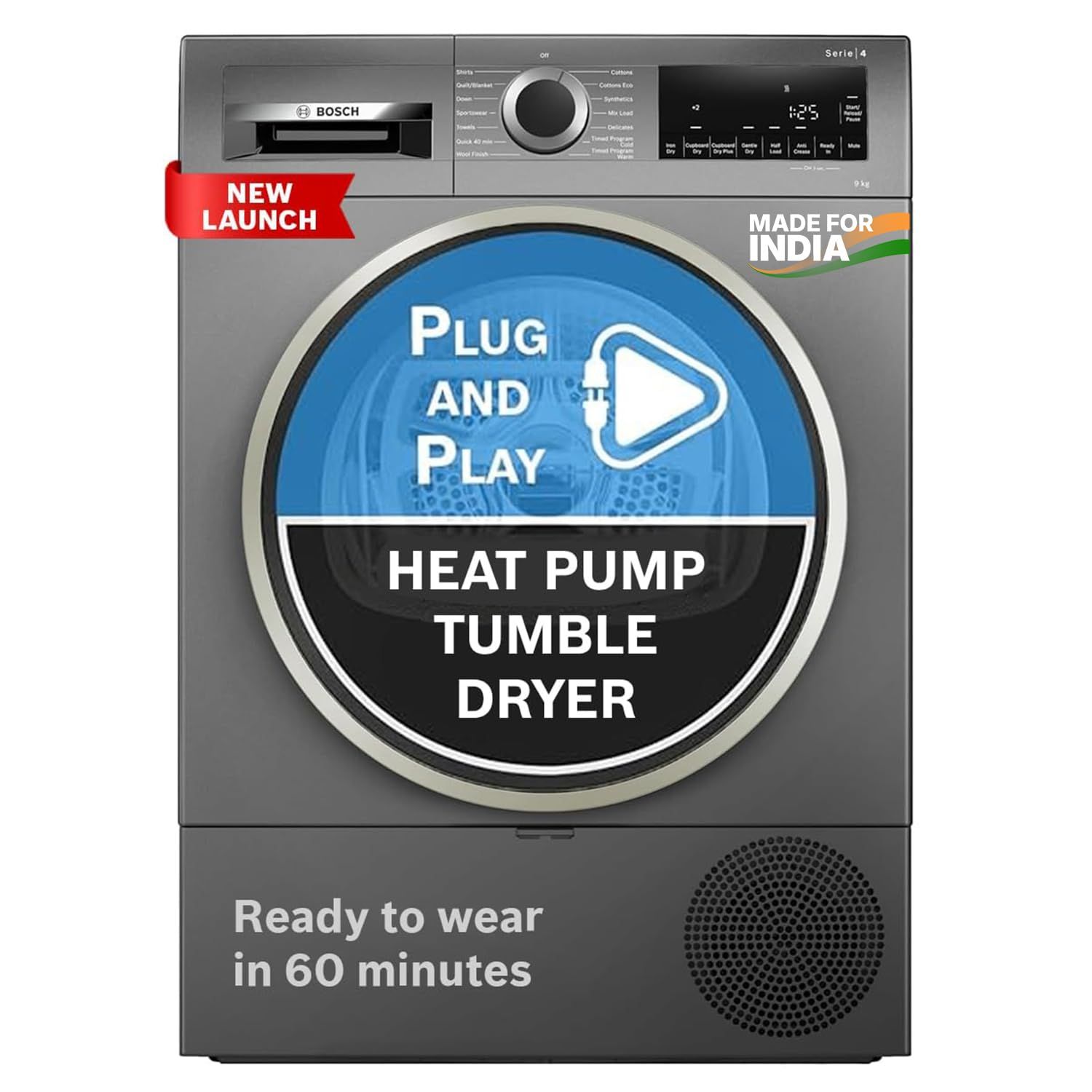 Bosch 9 kg Front Load Fully-Automatic Heat Pump Tumble Dryer, 100% Drying, 5 Drying Options, Reduces 99.9% Allergens, Ready-to-Wear, Cast Iron Grey, WQG2420RIN (2026 Model) Bosch 9 kg Front Load Fully-Automatic Heat Pump Tumble Dryer, 100% Drying, 5 Dryi