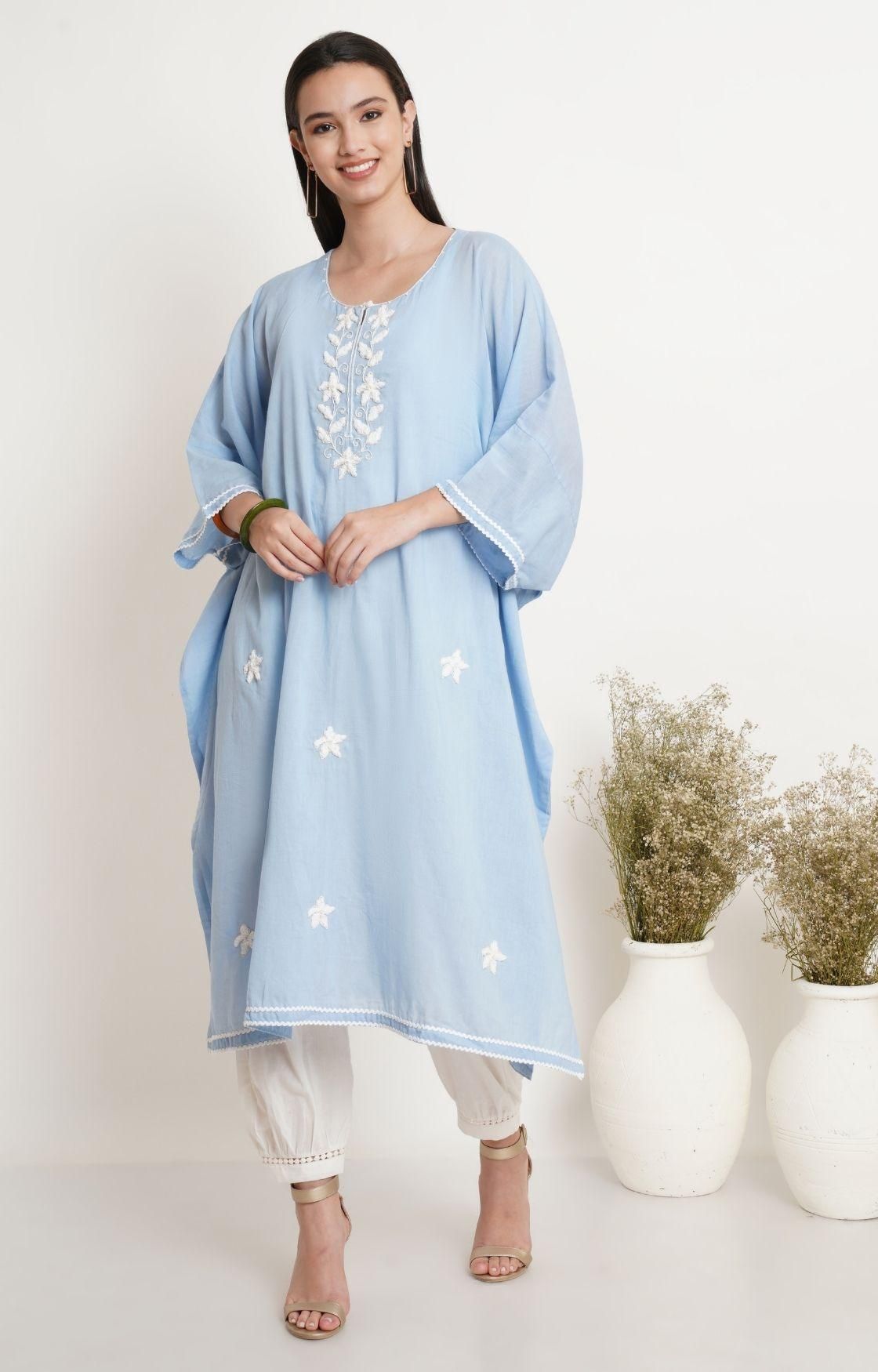 Sky Blue Embroidery Kaftan-S / Blue