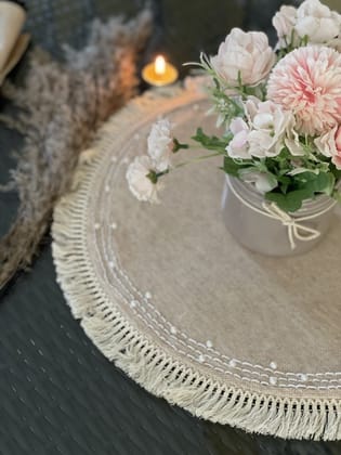 KRI India Raw Tasselled Jute Pearl Table Placemats Set|Set of 4 | Jute beige | 16 inches | Wash & Care | 100% Cotton | Handcrafted in India. 100% organic & natural.