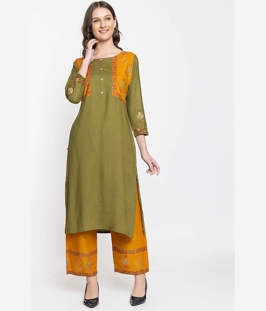 ELTHIA - Olive Cotton Women's Straight Kurti ( Pack of 1 )