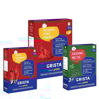 CRISTA Punjabi Cuisine Essential Spices Combo Pack (Kashmiri Chilli Powder 500 gm, Whole Kashmiri Chilli 100 gm & Kasoori Methi 25 gm) - Pack of 3