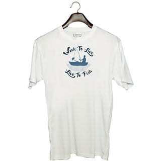 UDNAG Unisex Round Neck Graphic 'Fishing | Work to live' Polyester T-Shirt White
