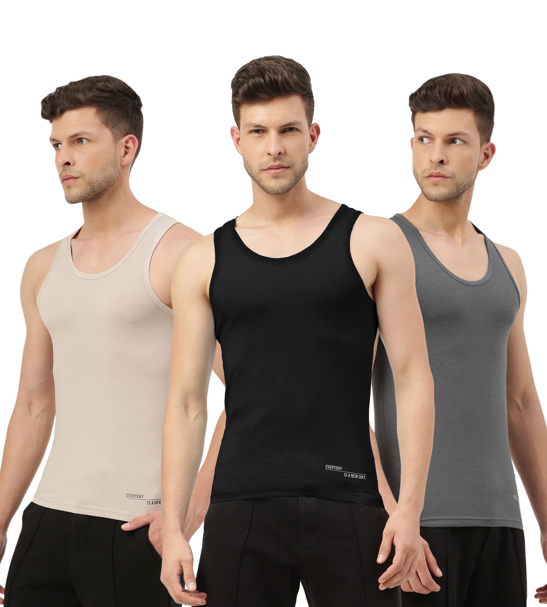 FREECULTR Men'S Twin Skin Bamboo Cotton Vest, Anti Microbial, Anti Odor, Breath Tech Super Soft & Comfort Fit Inner Wear -  Pack Of 3-Beach Sand,Black,Charcoal