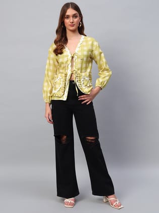Yellow Linen Ruffle Placket Blouse-Xs
