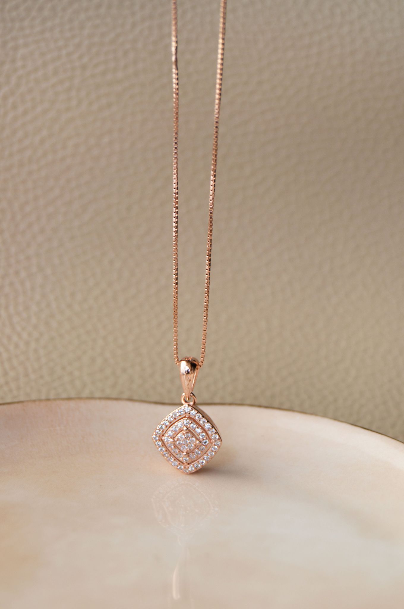 Ecentric Square Rose Gold Plated Sterling Silver Pendant-With Chain / Rose