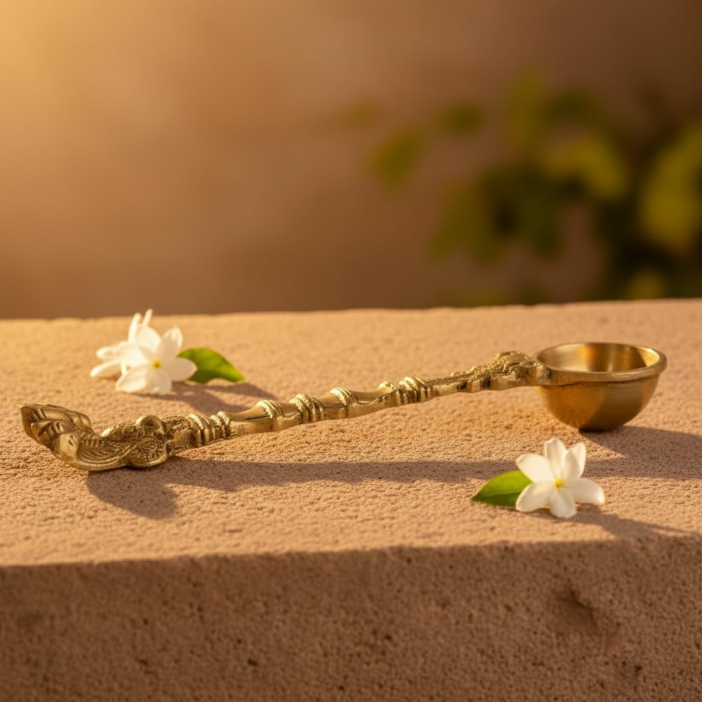 Sukh Sehaj Sheshnaag Brass Achmani (Puja Spoon) | Palli | Handcrafted, Antique Yellow Finish, 8.0 Inch Length, for Home Temple, Decor, Pooja Ritual and Gifting