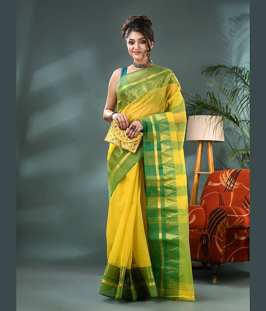 Desh Bidesh Cotton Woven Tant Saree Without Blouse Piece ( Yellow )