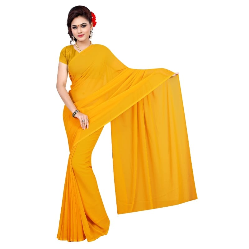 Generic Women's Georgette Plain Saree With Blouse (Gold, 5-6  Mtr)