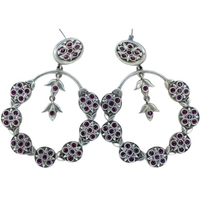 Oxidized Silver Flower Earrings with Purple Stones