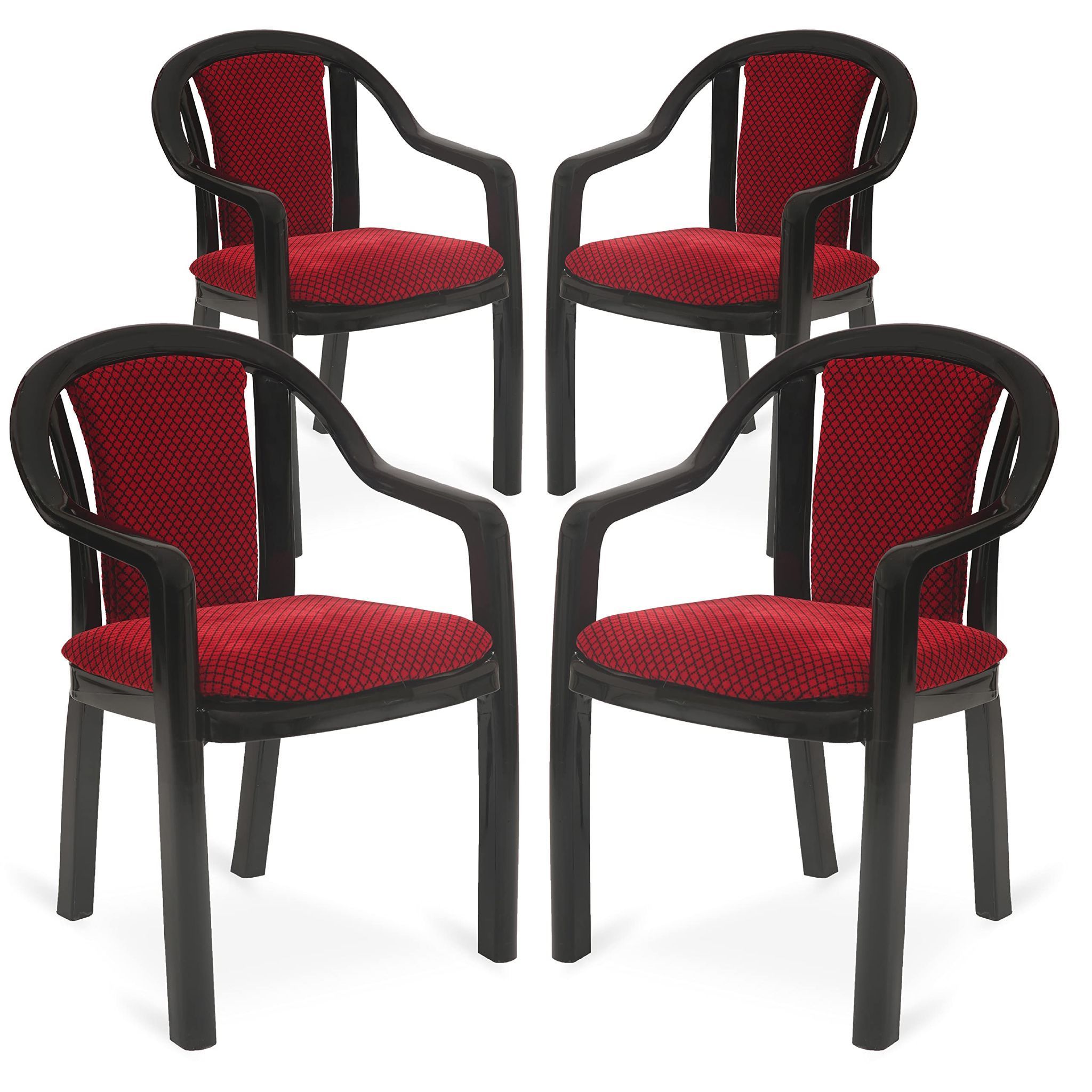 Supreme Furniture Ornate Plastic Cushion Chair with-Arm Suitable for Home, Garden, Office, Living Room, Cafeteria, Restaurant, Hotel, Resort and Indoor(Set of 4, Black-Red)