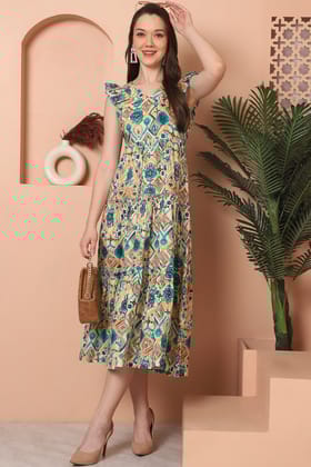 Green Color Floral Printed Cotton Ethnic Dress For Women-S