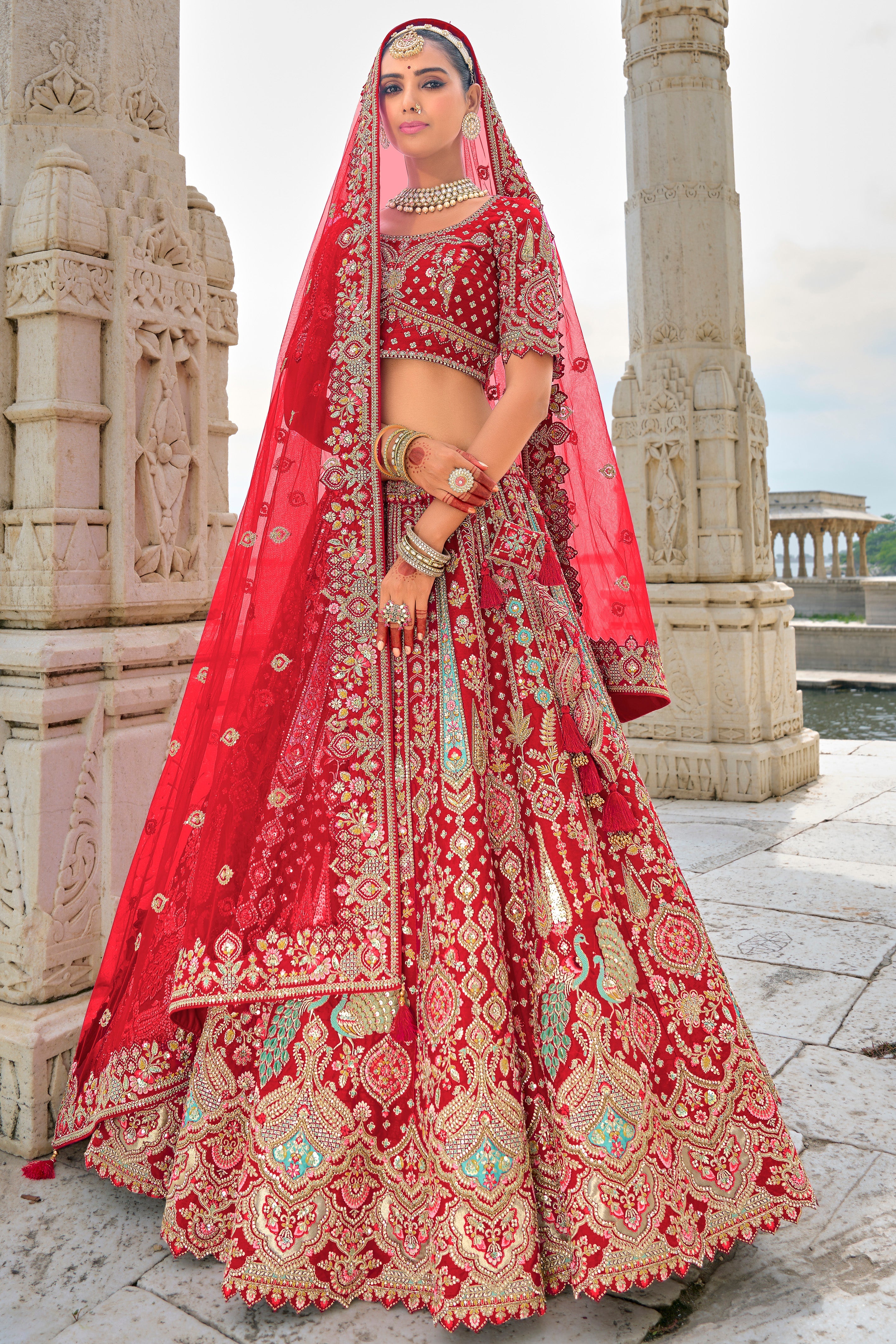 Red Semi Stitched Embroidered Silk Lehenga