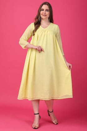 Yellow Solid Dobby Printed Dress-L / Yellow