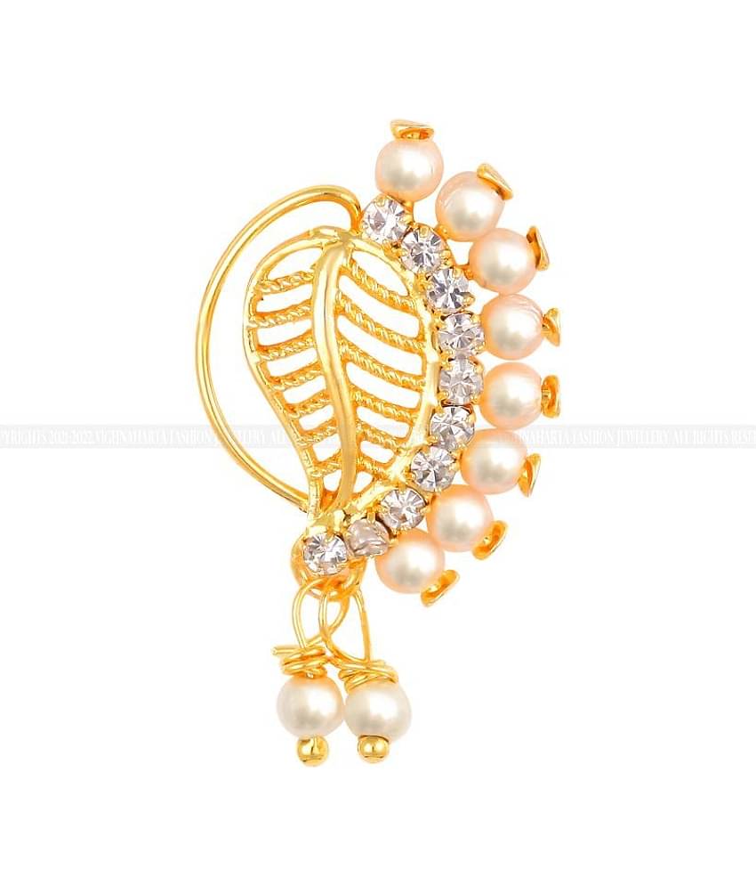 Vighnaharta Gold Plated Mayur design with Pearls AD Stone Alloy Maharashtrian Nath Nathiya./ Nose Pin for women VFJ1019NTH-Press