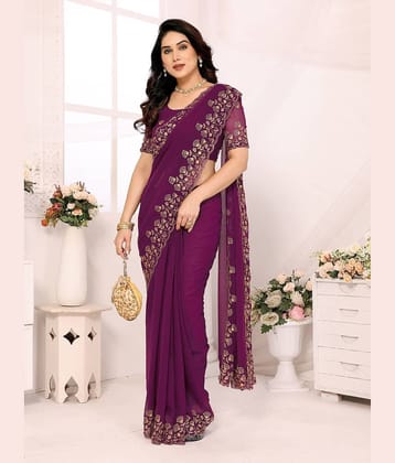 Vastukala Georgette Printed Saree With Unstitched Blouse Piece ( Purple )