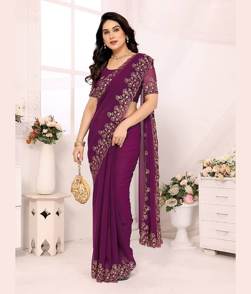 Vastukala Georgette Printed Saree With Unstitched Blouse Piece ( Purple )