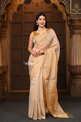 Parampara ~ Handloom Silk Tissue Chanderi Saree With Sleek Border~ Beige