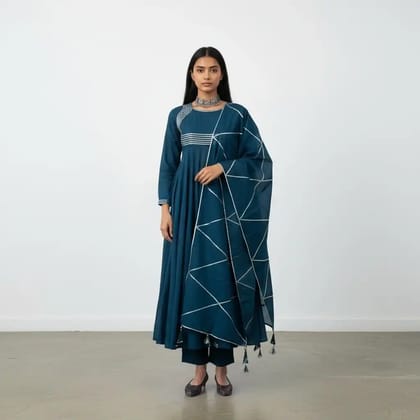 Navy Blue Handloom Cotton Co-Ord Set with Gota Detailing, 3-Piece Navy Blue Handloom Cotton Co-Ord Set with Gota Detailing, 3-Piece