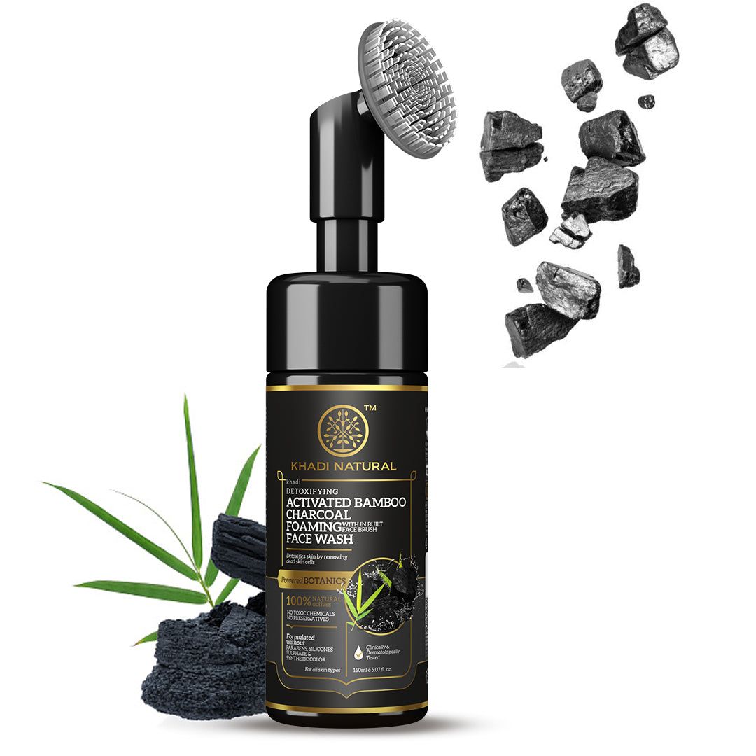 Khadi Natural Activated Bamboo Charcoal Foaming Face Wash with In- Built Face Brush - 150ml
