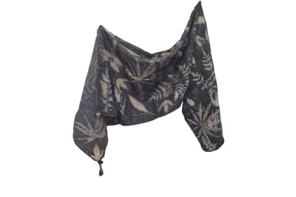 TULIP Traditional Artisians' Upliftment Livelihood Program Batik Print Scarf, Black and Beige, Floral Leaf Pattern, Tassel Detail TULIP Traditional Artisians' Upliftment Livelihood Program Batik Print Scarf, Black and Beige, Floral Leaf Pattern, Tassel Detail