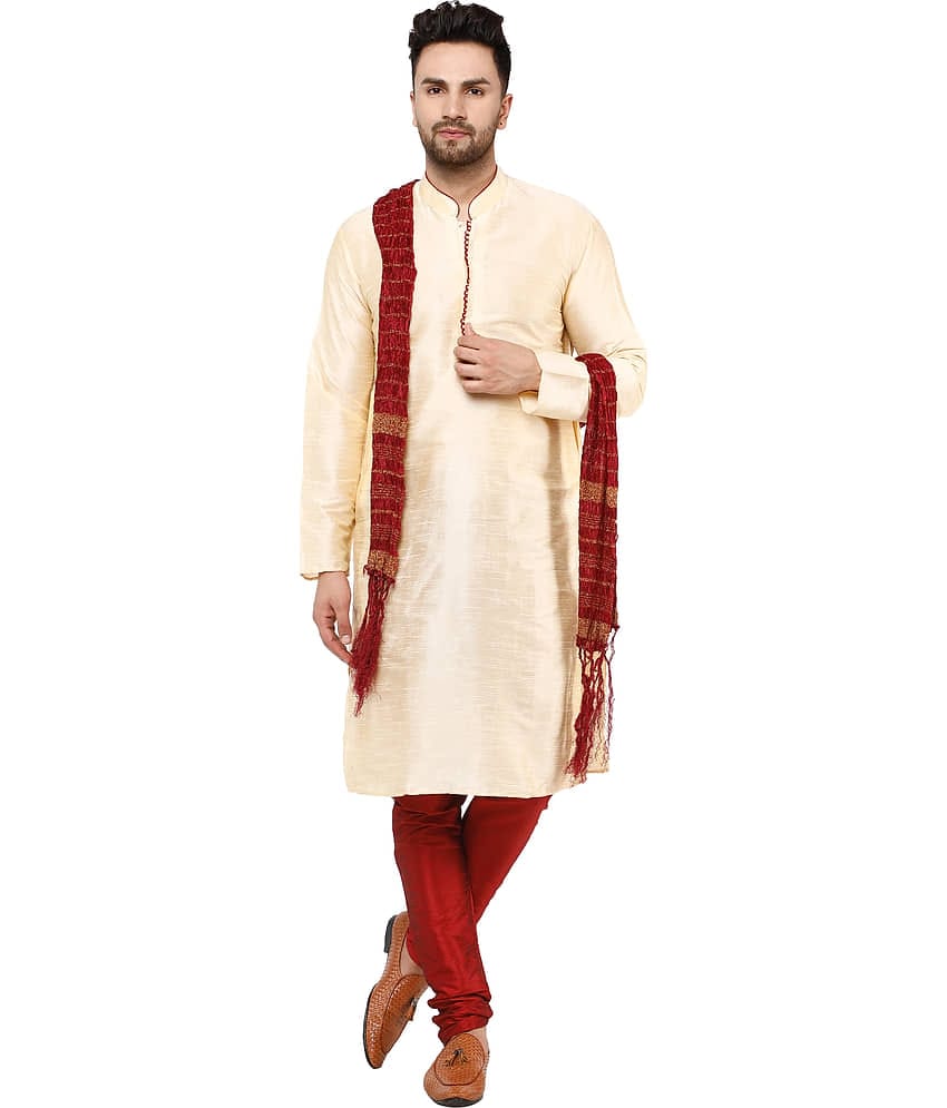 SKAVIJ Beige Silk Blend Kurta Pyjama Set