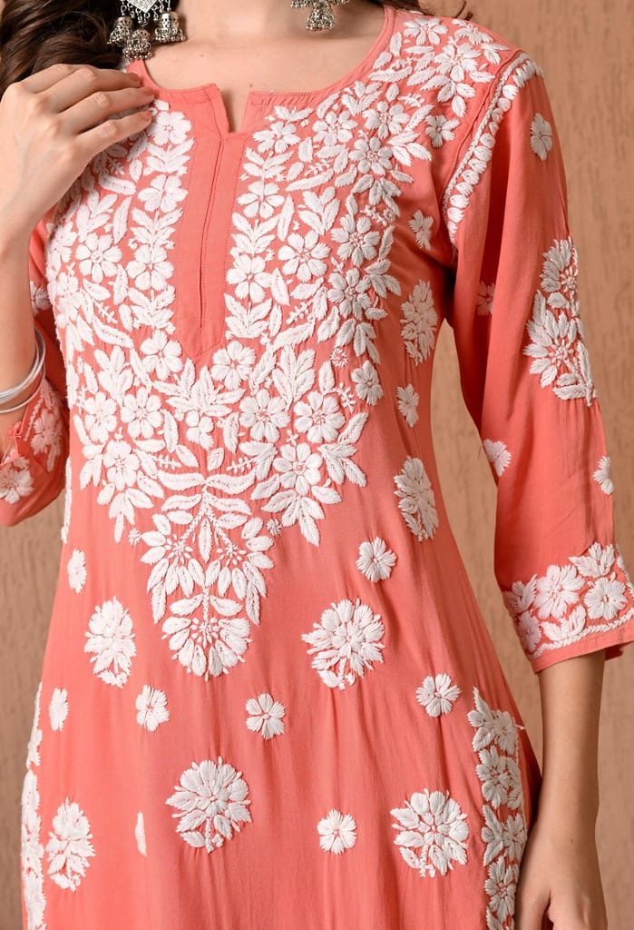 Hand Embroidered Chikankari Plazo Set 3d Work- Peach