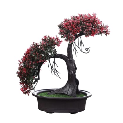 FOLIYAJ Artificial Shoe Horn Shaped Bonsai Tree with Red Leaves with Pot|Bonsai Tree|Artificial Flower|with Pot|Home D�cor for Living Room Home Office Shop|House|Gift|Decoration