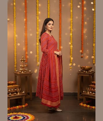 ETZIN Women Cotton Printed Anarkali Kurti With Pants ( Red )