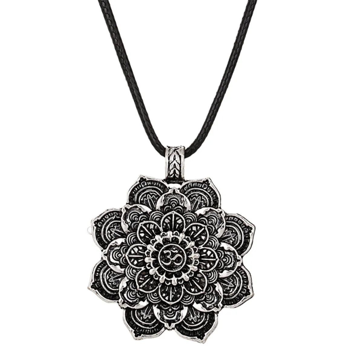 Om Lotus Flower Mandala Medallion Pendant Necklace Tibetan Buddhist Meditation Silver Buddha Tibetan Yoga